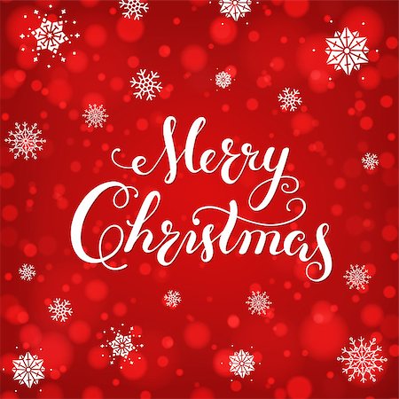 Merry Christmas Calligraphic Lettering card. Creative typography for Holiday Greeting Gift Poster on red Background with bokeh and snowflakes. Photographie de stock - Aubaine LD & Abonnement, Code: 400-09091781
