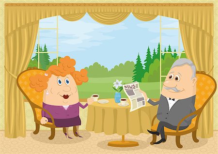 Family of old man and fat woman sitting at home near the table in front of the window with view on forest glade and drinking coffee, funny cartoon illustration. Vector Stock Photo - Budget Royalty-Free & Subscription, Code: 400-09091818