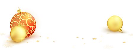 simsearch:400-06554049,k - One red golden textured and two golden Christmas baubles on a white surface with golden stars and snowflakes on a horizontal banner, footer, header format. 3d and light effects, copy space Foto de stock - Royalty-Free Super Valor e Assinatura, Número: 400-09091829
