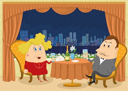 friendship proposal to girl pic - Respectable man and fat lady in red sitting near the table in a restaurant with view on night city and raising a toast, funny cartoon illustration. Vector Stock Photo - Budget Royalty-Free & Subscription, Code: 400-09091820