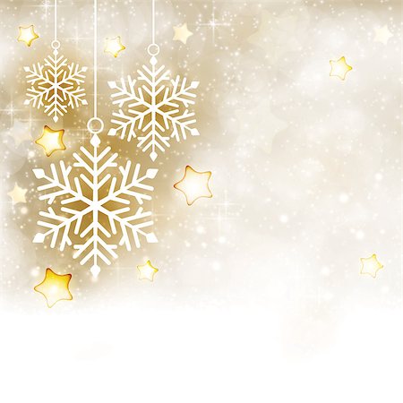 simsearch:400-06554049,k - Soft and dreamy background with snowfall and blurry light dots. Focal point are a set of white hanging snowflakes surrounded by golden shiny stars. Foto de stock - Royalty-Free Super Valor e Assinatura, Número: 400-09091835