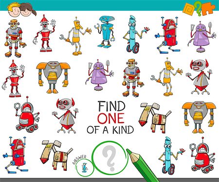 Cartoon Illustration of Find One of a Kind Educational Activity Game for Children with Robots Fantasy Characters Foto de stock - Super Valor sin royalties y Suscripción, Código: 400-09091854