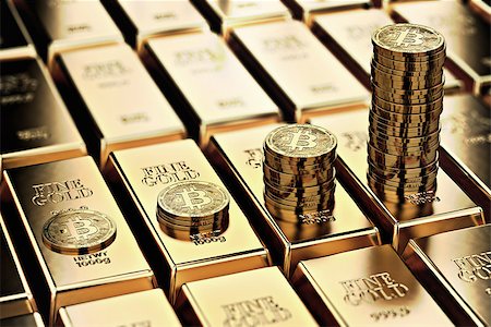 simsearch:400-04715746,k - Bitcoin piles on rows of gold bars (gold ingots). Bitcoin keep growing and it is as desirable as gold concept. 3D rendering Stock Photo - Budget Royalty-Free & Subscription, Code: 400-09091941