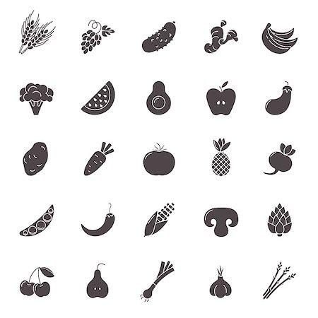 Fruit and vegetables vector icon set. Vegan natural bio pictograms. Avocado, watermelon, broccoli, corn, beetroot, pineapple and others organic food signs. Stock Photo - Budget Royalty-Free & Subscription, Code: 400-09092316