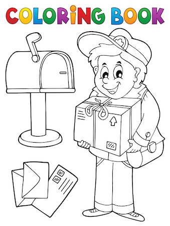Coloring book mailman delivering box - eps10 vector illustration. Stock Photo - Budget Royalty-Free & Subscription, Code: 400-09092378