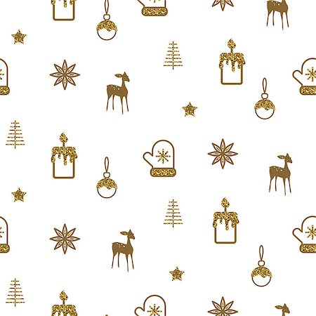 Gold and white new year simple icon vector holiday pattern. Candle, deer, glove, balls and stars festive background for wrap paper. Stock Photo - Budget Royalty-Free & Subscription, Code: 400-09092427