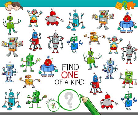 simsearch:400-09091850,k - Cartoon Illustration of Find One of a Kind Educational Activity Game for Children with Robots Science Fiction Characters Stock Photo - Budget Royalty-Free & Subscription, Code: 400-09092450