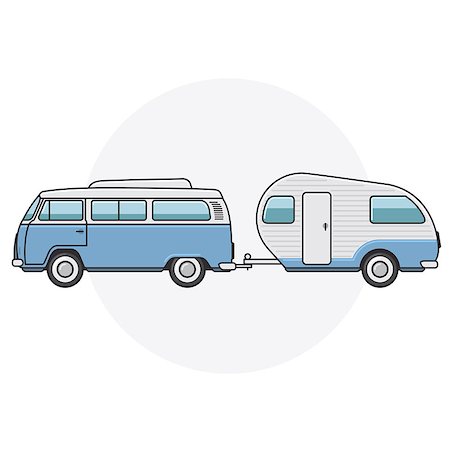 Retro van with camper trailer - vintage minibus side view Stock Photo - Budget Royalty-Free & Subscription, Code: 400-09092504