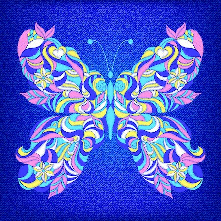 Embroidered colorful butterfly on dark blue jeans texture.Vector illustration. Stock Photo - Budget Royalty-Free & Subscription, Code: 400-09092667
