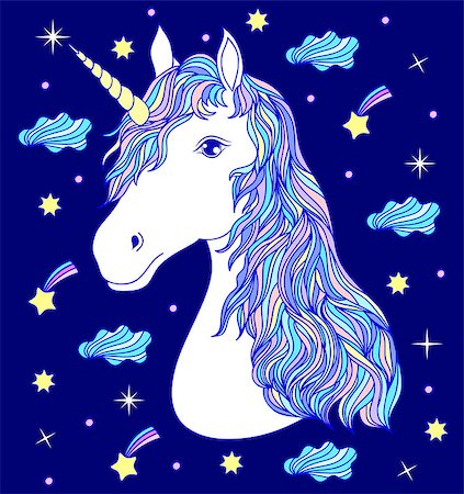 simsearch:400-08015077,k - Head of hand drawn unicorn on dark blue background. Foto de stock - Super Valor sin royalties y Suscripción, Código: 400-09092682