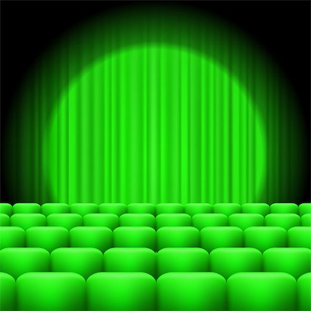 simsearch:400-09093538,k - Green Curtains with Spotlight and Seats. Classic Cinema with Green Chairs Photographie de stock - Aubaine LD & Abonnement, Code: 400-09092697