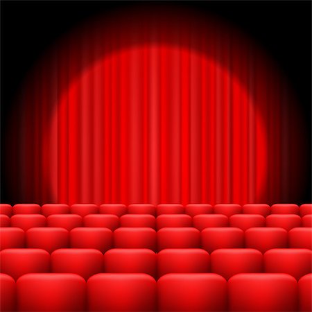 simsearch:400-09093538,k - Red Curtains with Spotlight and Seats. Classic Cinema with Red Chairs Photographie de stock - Aubaine LD & Abonnement, Code: 400-09092693