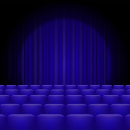 simsearch:630-06723312,k - Blue Curtains with Spotlight and Seats. Classic Cinema with Blue Chairs Foto de stock - Super Valor sin royalties y Suscripción, Código: 400-09092704