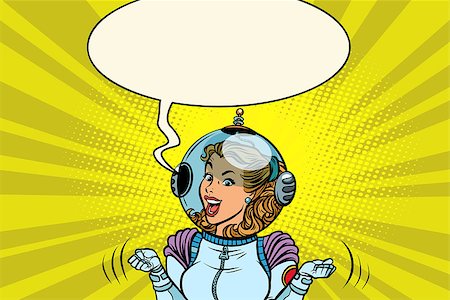 Joyful girl astronaut. Comic book cartoon pop art retro vector illustration drawing Stock Photo - Budget Royalty-Free & Subscription, Code: 400-09092762