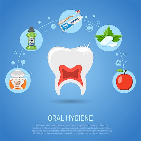 Dental Services like Oral Hygiene Concept with flat icons tooth, tooth rinse, dental floss, chewing gum and toothbrush. vector illustration Stock Photo - Budget Royalty-Free & Subscription, Code: 400-09092895