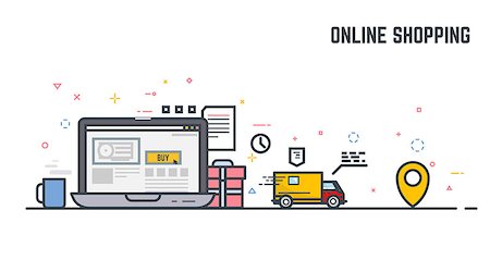 Online shop on laptop monitor. Buying things in online store, with gift and present, and fast delivery. E-commerce illustration. Linear modern, trendy vector banner. Fotografie stock - Microstock e Abbonamento, Codice: 400-09093057