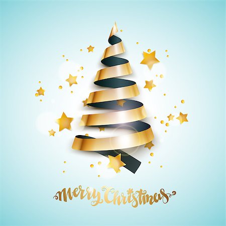 Merry Christmas and new year greeting card with stylized bright ribbon Christmas tree and stars. Vector illustration. Stock Photo - Budget Royalty-Free & Subscription, Code: 400-09093077