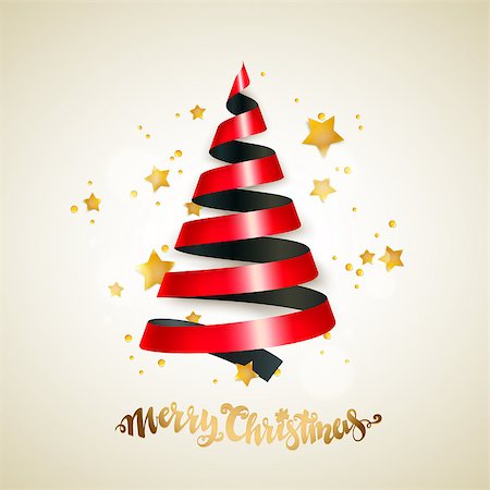 Merry Christmas and new year greeting card with stylized bright ribbon Christmas tree and stars. Vector illustration. Stock Photo - Budget Royalty-Free & Subscription, Code: 400-09093078