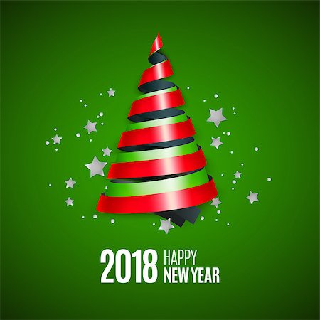 Merry Christmas and new year greeting card with stylized bright ribbon Christmas tree and stars. Vector illustration. Stock Photo - Budget Royalty-Free & Subscription, Code: 400-09093079