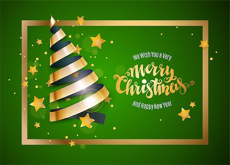 Merry Christmas and new year greeting card with stylized bright ribbon Christmas tree and stars. Vector illustration. Stock Photo - Budget Royalty-Free & Subscription, Code: 400-09093081