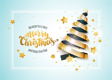 Merry Christmas and new year greeting card with stylized bright ribbon Christmas tree and stars. Vector illustration. Stock Photo - Budget Royalty-Free & Subscription, Code: 400-09093082