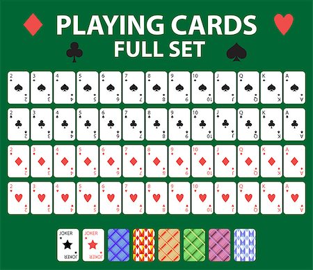 simsearch:400-04795607,k - Playing cards full deck for poker, black jack. Collection with a joker and backs. Isolated on a green background. Vector illustration Stock Photo - Budget Royalty-Free & Subscription, Code: 400-09093176