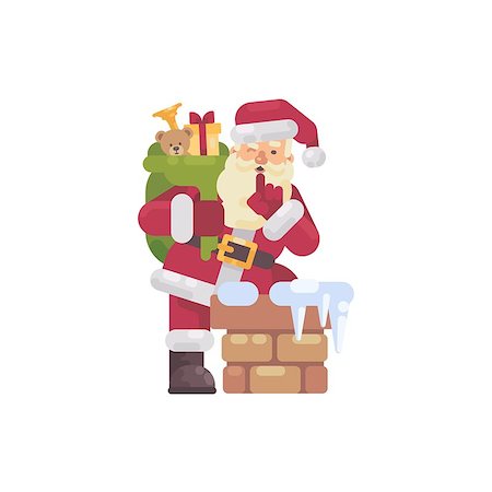 Santa Claus climbing into the chimney with a bag of presents. Christmas character flat illustration Stock Photo - Budget Royalty-Free & Subscription, Code: 400-09093199