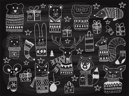 Vector Christmas  Doodle Animals drawn on the chalkboard Stock Photo - Budget Royalty-Free & Subscription, Code: 400-09093230