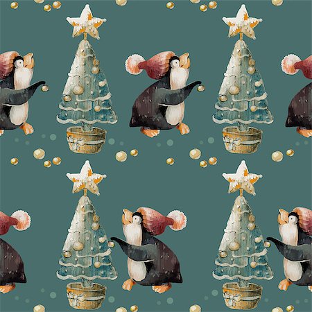 drawn baby - Hand drawn Cute Penguin in a hat and Christmas tree on grey. Seamless, pattern. Watercolor winter holidays background. Perfect  for Christmas and New Year's design. Stock Photo - Budget Royalty-Free & Subscription, Code: 400-09093265