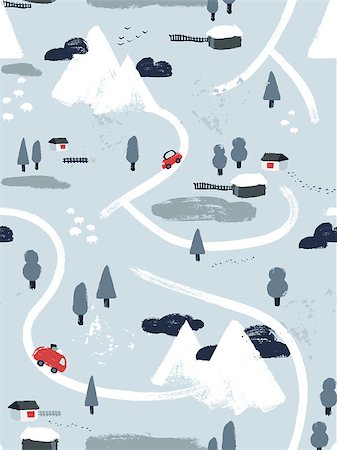 Flat vector winter snowy lanscape seamless pattern. Small village or town with cars, houses and roads in the mountains. Map view hand-drawn illustration. Stock Photo - Budget Royalty-Free & Subscription, Code: 400-09093314