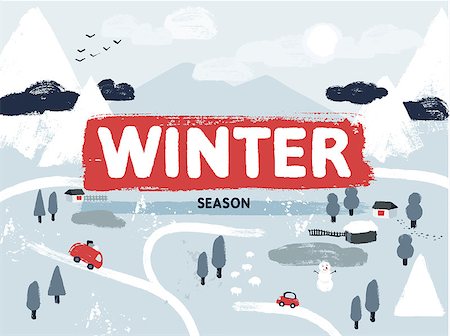 Flat vector winter snowy lanscape scene. Small village or town with cars, houses and roads in the mountains. Map view hand-drawn illustration. Stock Photo - Budget Royalty-Free & Subscription, Code: 400-09093315