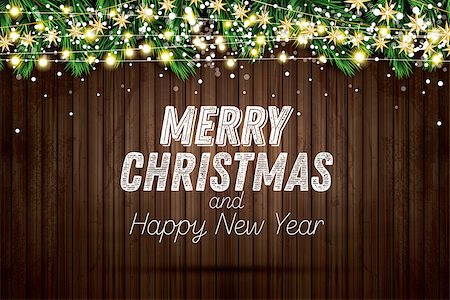 simsearch:400-09095404,k - Fir Branch with Neon Lights and Snowflakes on Wooden Background. Merry Christmas and Happy New Year. Vector Illustration. Fotografie stock - Microstock e Abbonamento, Codice: 400-09093328