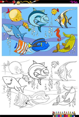 simsearch:400-09094098,k - Cartoon Illustration of Fish Animal Characters Group Underwater Coloring Book Activity Photographie de stock - Aubaine LD & Abonnement, Code: 400-09093367