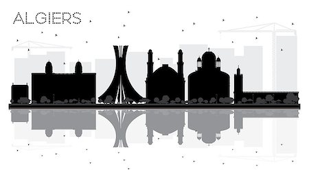 Algiers City skyline black and white silhouette with Reflections. Vector illustration. Business travel concept. Cityscape with landmarks. Stock Photo - Budget Royalty-Free & Subscription, Code: 400-09093402