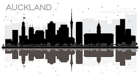 simsearch:400-09091979,k - Auckland New Zealand City skyline black and white silhouette with Reflections. Vector Illustration. Business travel concept. Cityscape with landmarks. Stock Photo - Budget Royalty-Free & Subscription, Code: 400-09093403