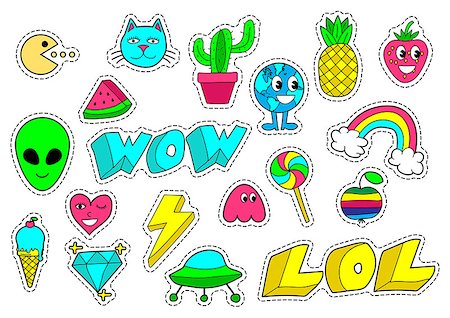 simsearch:400-07902734,k - Set of fashion patch badges, stickers, pins, in cartoon 80s-90s comic style. Vector illustration isolated on white background. Photographie de stock - Aubaine LD & Abonnement, Code: 400-09093504