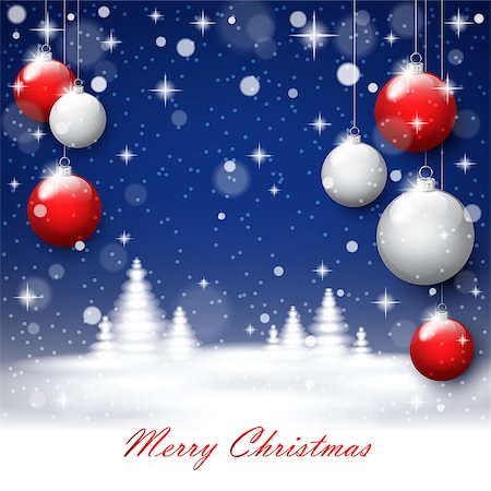 simsearch:400-08407579,k - Christmas trees and glass balls on blue postcard background. Vector illustration. Photographie de stock - Aubaine LD & Abonnement, Code: 400-09093524