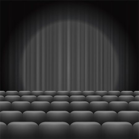 simsearch:400-09093538,k - GreyCurtains with Spotlight and Seats. Classic Cinema with Grey Chairs Photographie de stock - Aubaine LD & Abonnement, Code: 400-09093538