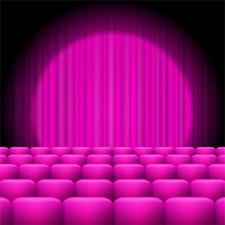 simsearch:630-06723312,k - Pink Curtains with Spotlight and Seats. Classic Cinema with Pink Chairs Foto de stock - Super Valor sin royalties y Suscripción, Código: 400-09093533