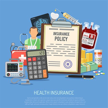 defibrillator - Health Insurance Services Concept with flat icons Insurance Policy, Calculator, Medicines and Money. Isolated vector illustration Stockbilder - Microstock & Abonnement, Bildnummer: 400-09093620