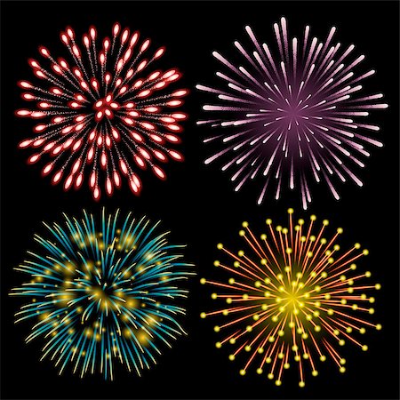 simsearch:400-05263557,k - Set of colorful fireworks. Set of festive patterned salute bursting in various shapes against black background. Bright decoration Christmas card,New Year celebration, festival. Vector illustration. Stock Photo - Budget Royalty-Free & Subscription, Code: 400-09093718