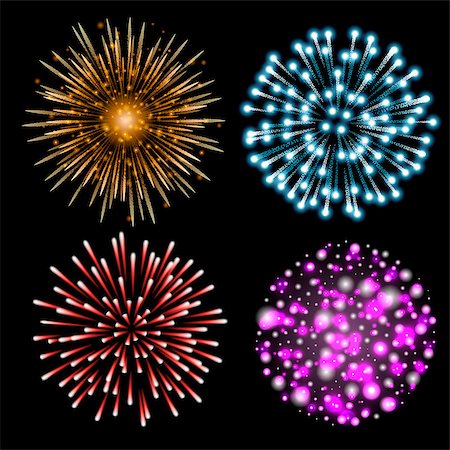 simsearch:400-05706439,k - Set of colorful fireworks. Set of festive patterned salute bursting in various shapes against black background. Bright decoration Christmas card,New Year celebration, festival. Vector illustration. Foto de stock - Royalty-Free Super Valor e Assinatura, Número: 400-09093719