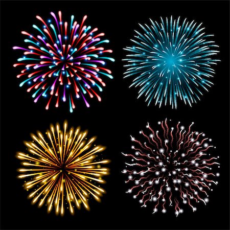 simsearch:400-06736432,k - Set of colorful fireworks. Set of festive patterned salute bursting in various shapes against black background. Bright decoration Christmas card,New Year celebration, festival. Vector illustration. Foto de stock - Royalty-Free Super Valor e Assinatura, Número: 400-09093720