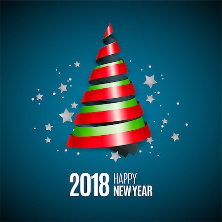 Merry Christmas and new year greeting card with stylized bright ribbon Christmas tree and stars. Vector illustration. Stock Photo - Budget Royalty-Free & Subscription, Code: 400-09093757