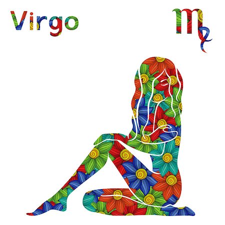 Zodiac sign Virgo with filling of colorful stylized flowers on a white background, vector illustration Stock Photo - Budget Royalty-Free & Subscription, Code: 400-09093851
