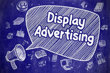 simsearch:400-08891491,k - Business Concept. Loudspeaker with Text Display Advertising. Cartoon Illustration on Blue Chalkboard. Stock Photo - Budget Royalty-Free & Subscription, Code: 400-09093913