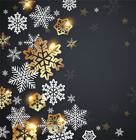 simsearch:400-08807089,k - Vector Christmas greeting card. White and golden snowflakes on a black background. Stockbilder - Microstock & Abonnement, Bildnummer: 400-09093927