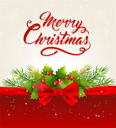 simsearch:400-08813741,k - Vector Christmas background with red bow, fir branch and greeting inscription. Merry Christmas lettering Photographie de stock - Aubaine LD & Abonnement, Code: 400-09093928