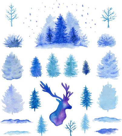 paintings on forest animals - Set of blue hand drawn vector watercolor Christmas design elements on a white background. Stock Photo - Budget Royalty-Free & Subscription, Code: 400-09093931