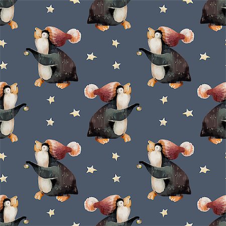 drawn baby - Hand drawn Cute Penguin in a hat and stars on blue. Seamless, pattern. Watercolor winter holidays background. Perfect  for Christmas and New Year's design. Stock Photo - Budget Royalty-Free & Subscription, Code: 400-09093963